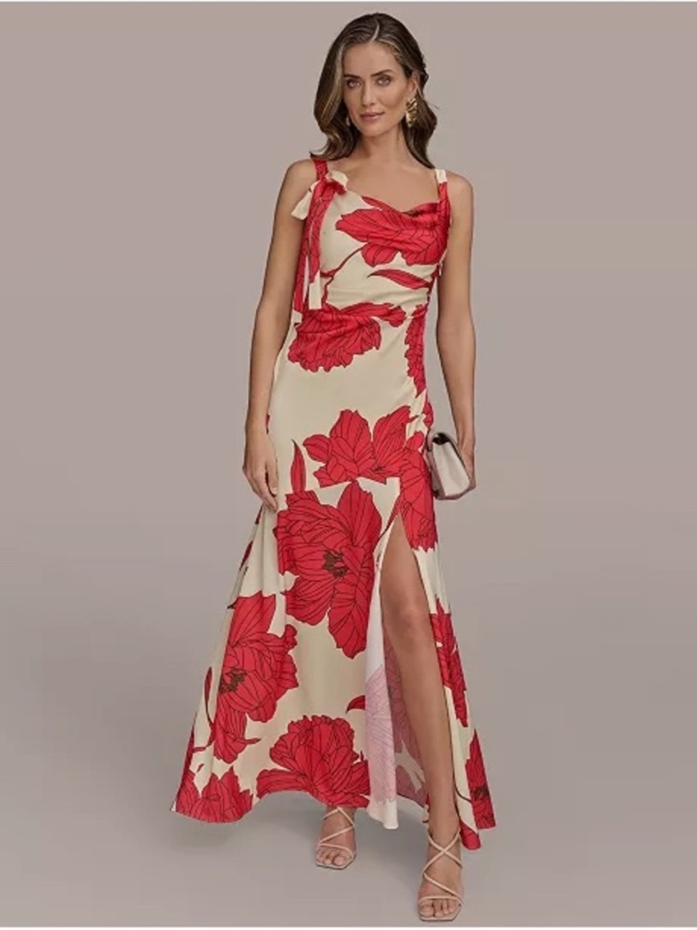 Donna Karan Cowl Neck Floral Print Gown